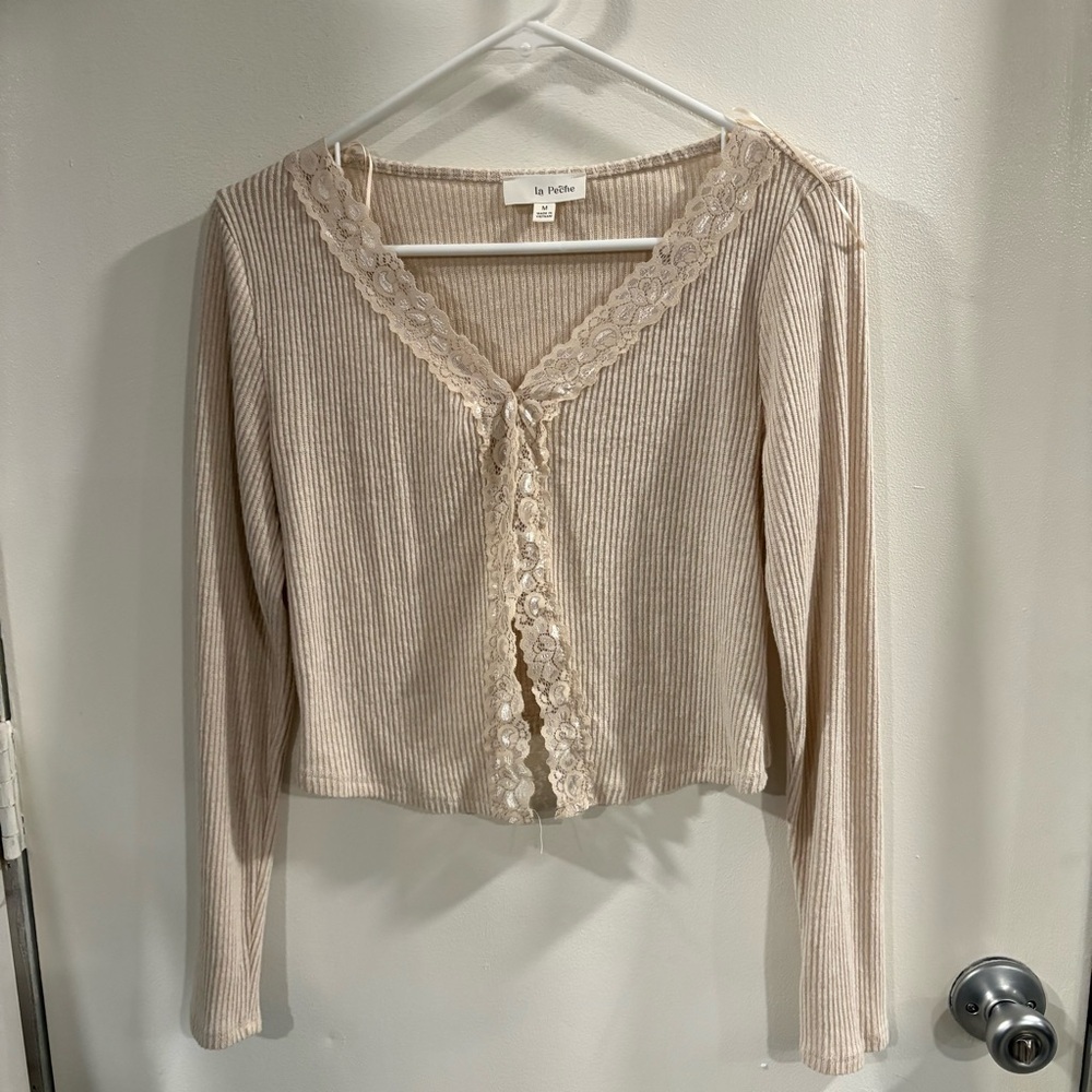 Women's Beige Lace Cardigan crop top